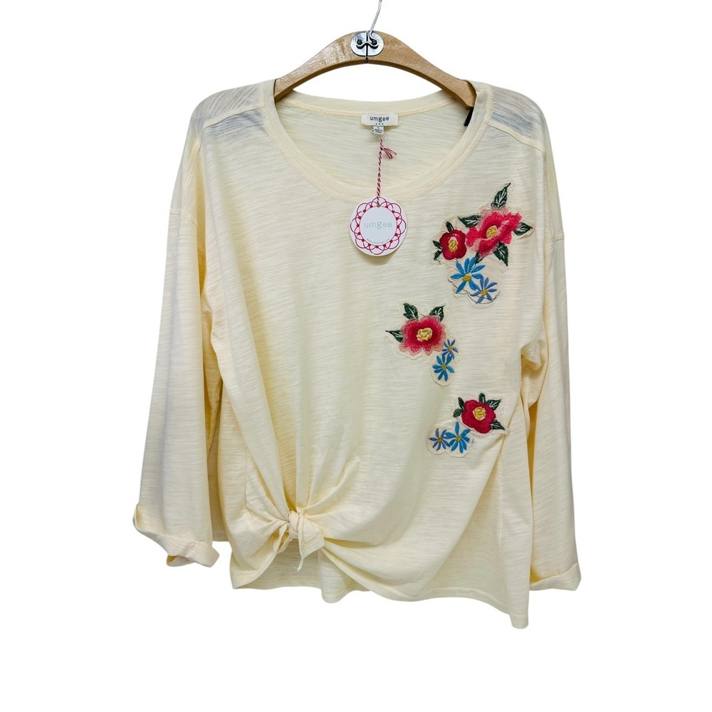 Umgee Floral Top Embroidered Cream Yellow Knot Tie Sz L Boho Cottagecore NEW